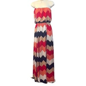 Windsor Chevron Strapless Maxi Dress Size Large Red Tan Black Boho Summer Y2K